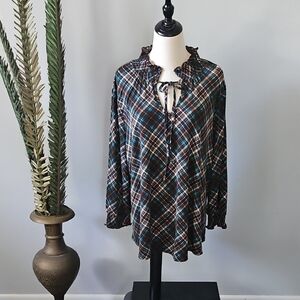 Cato High Tie Ruffle Neck Turquoise Plaid Blouse